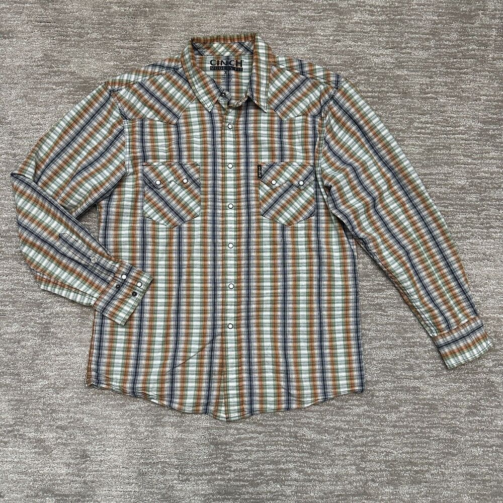 Cinch Shirt Men XL Green Orange Blue Plaid Pearl Snap Western Cowboy Long Sleeve